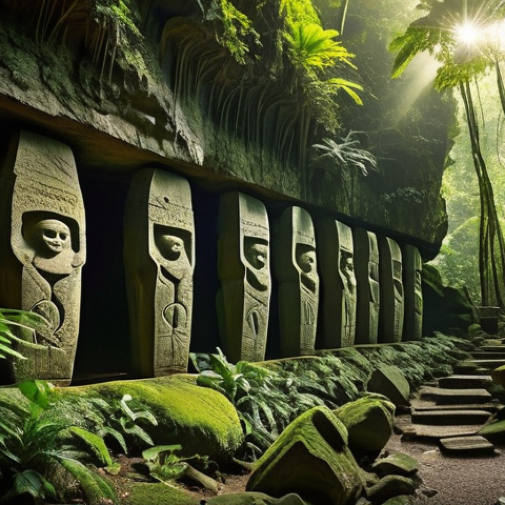 팔라우의 역사적 유적지 - **Prompt: Ancient Echoes of Palau: Monoliths and Hidden Rock Art.**
    A wide shot capturing massiv...