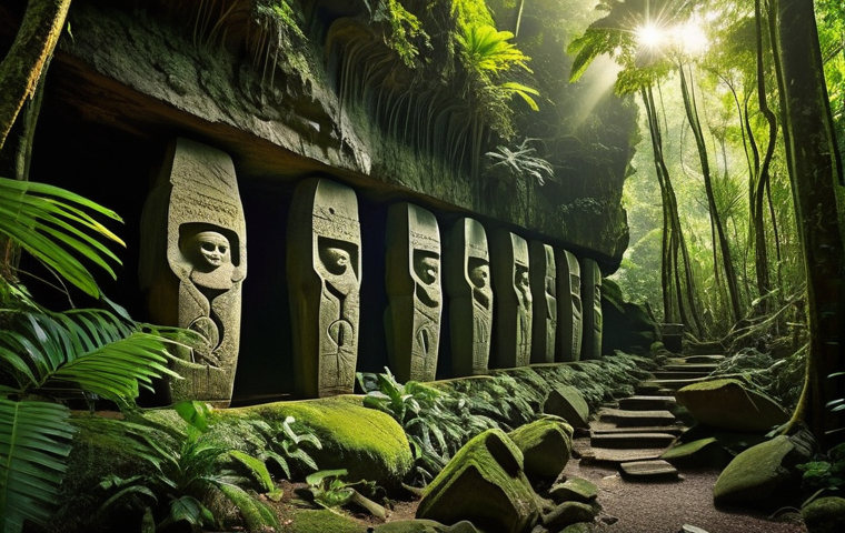 팔라우의 역사적 유적지 - **Prompt: Ancient Echoes of Palau: Monoliths and Hidden Rock Art.**
    A wide shot capturing massiv...