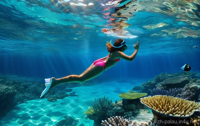 팔라우 여행자 보험 필요성 - **Prompt:** "A person is snorkeling gracefully in an underwater paradise. The scene features crystal...