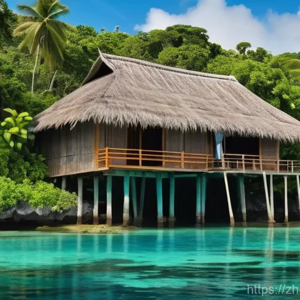 팔라우 전통 가옥과 생활 방식 - A serene and picturesque traditional Palauan stilt house (bai) nestled amidst lush tropical vegetati...