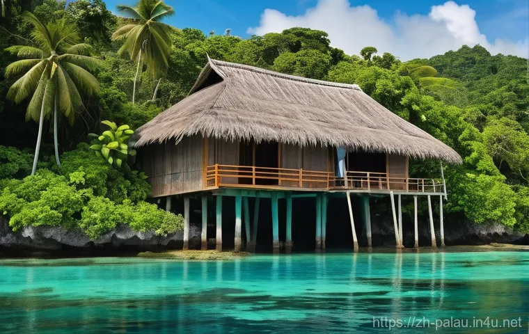팔라우 전통 가옥과 생활 방식 - A serene and picturesque traditional Palauan stilt house (bai) nestled amidst lush tropical vegetati...