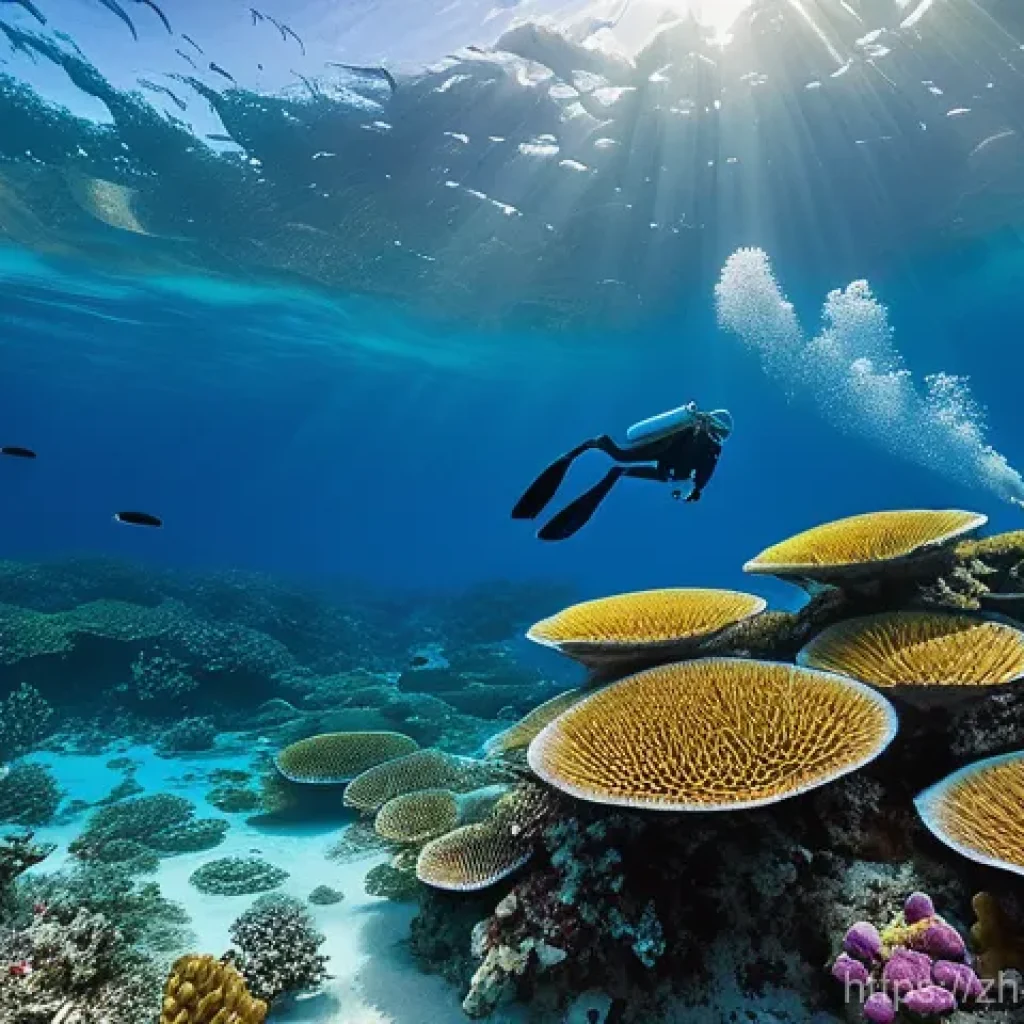 팔라우 여행 최적기 - A serene underwater scene in Palau during the dry season. A person, wearing a modest, full-body rash...
