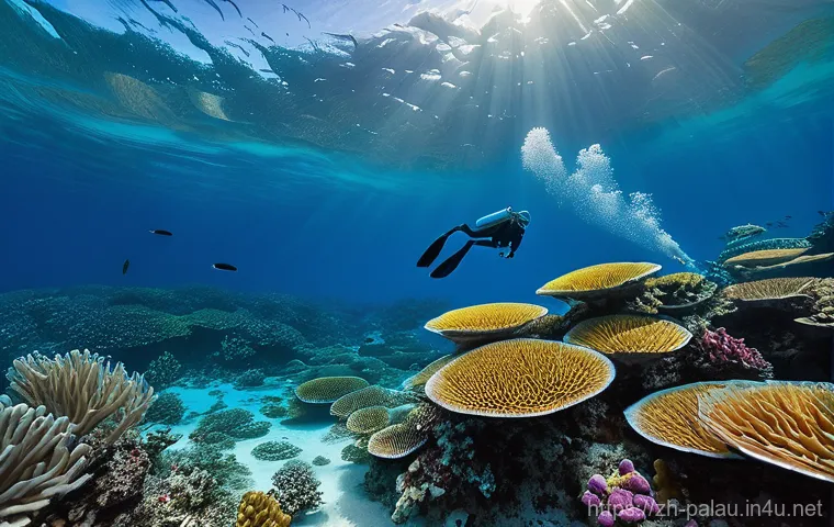 팔라우 여행 최적기 - A serene underwater scene in Palau during the dry season. A person, wearing a modest, full-body rash...