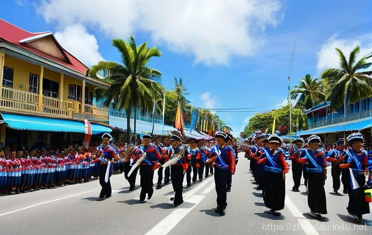 팔라우 현지 축제와 행사 - Palauan Independence Day Grand Parade**
A vibrant and festive scene depicting Palau's Independence D...