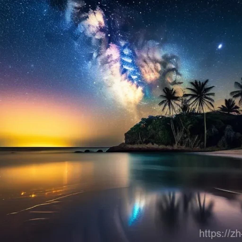팔라우에서 야경이 멋진 곳 - **"A breathtaking wide shot of a tranquil beach in Palau at night. The sky is a canvas of deep indig...