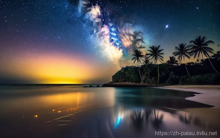 팔라우에서 야경이 멋진 곳 - **"A breathtaking wide shot of a tranquil beach in Palau at night. The sky is a canvas of deep indig...