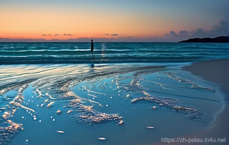 팔라우에서 야경이 멋진 곳 - **"A breathtaking wide shot of a tranquil beach in Palau at night. The sky is a canvas of deep indig...