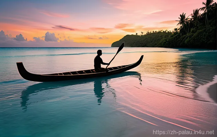 팔라우 원주민 문화 - **Prompt 1: "Sacred Ocean Offering"**
A wide shot of a serene Palauan man, aged around 40, stand...