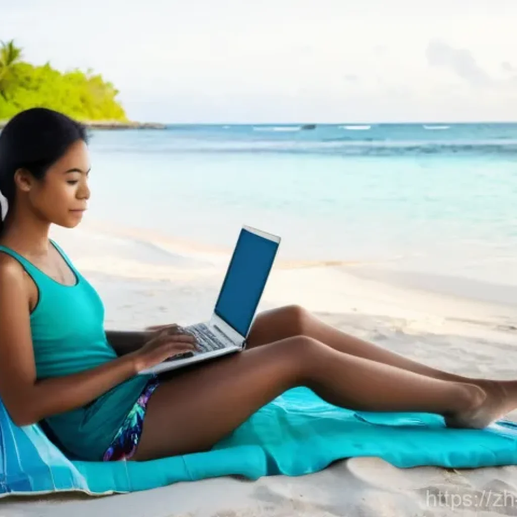 팔라우에서의 원격 근무 가능성 - **Prompt:** A serene and picturesque scene of a young female digital nomad, around 25-30 years old, ...