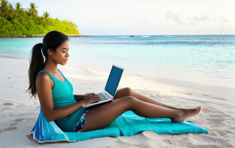 팔라우에서의 원격 근무 가능성 - **Prompt:** A serene and picturesque scene of a young female digital nomad, around 25-30 years old, ...