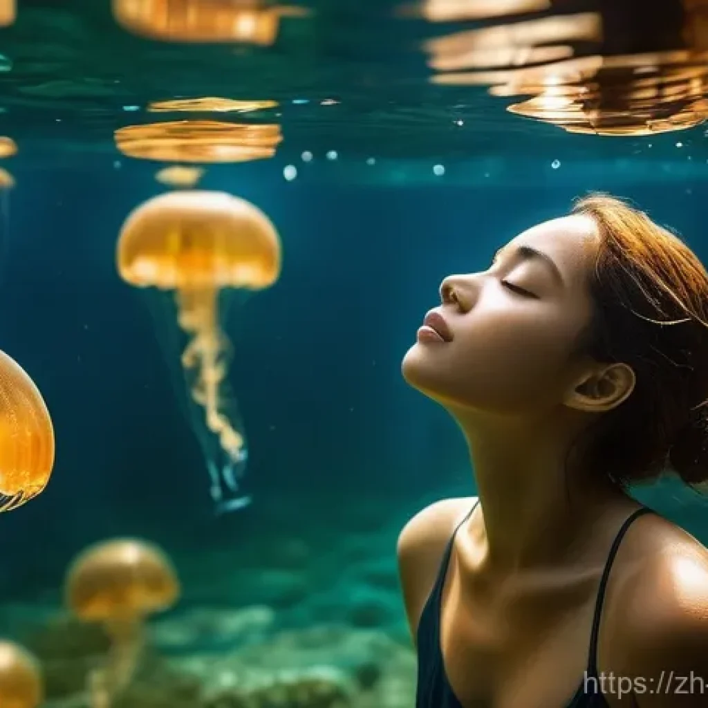 팔라우 에코투어리즘 - **Prompt:** A serene underwater scene in Palau's Jellyfish Lake. A young adult, wearing a modest one...