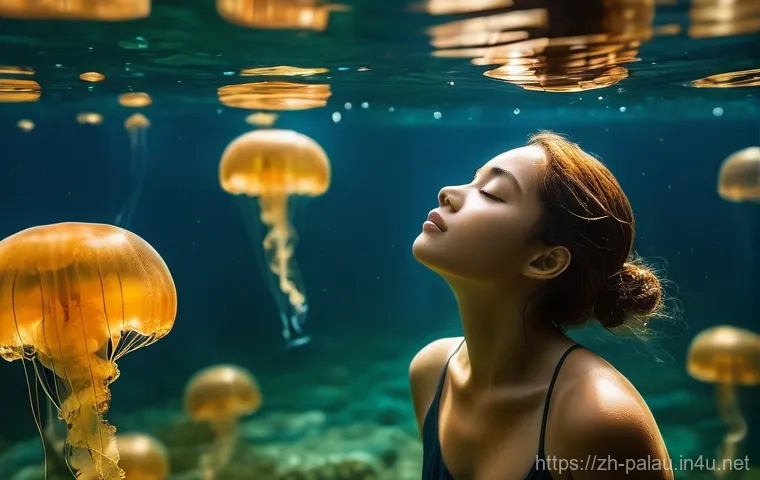 팔라우 에코투어리즘 - **Prompt:** A serene underwater scene in Palau's Jellyfish Lake. A young adult, wearing a modest one...