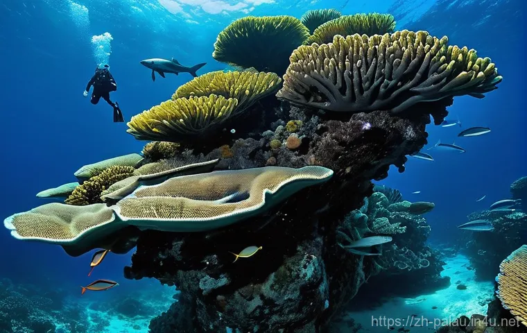 팔라우에서 스쿠버다이빙하기 좋은 계절 - **Rainy Season Micro-Life and Lush Island**
    A composite image showcasing both the above-water an...