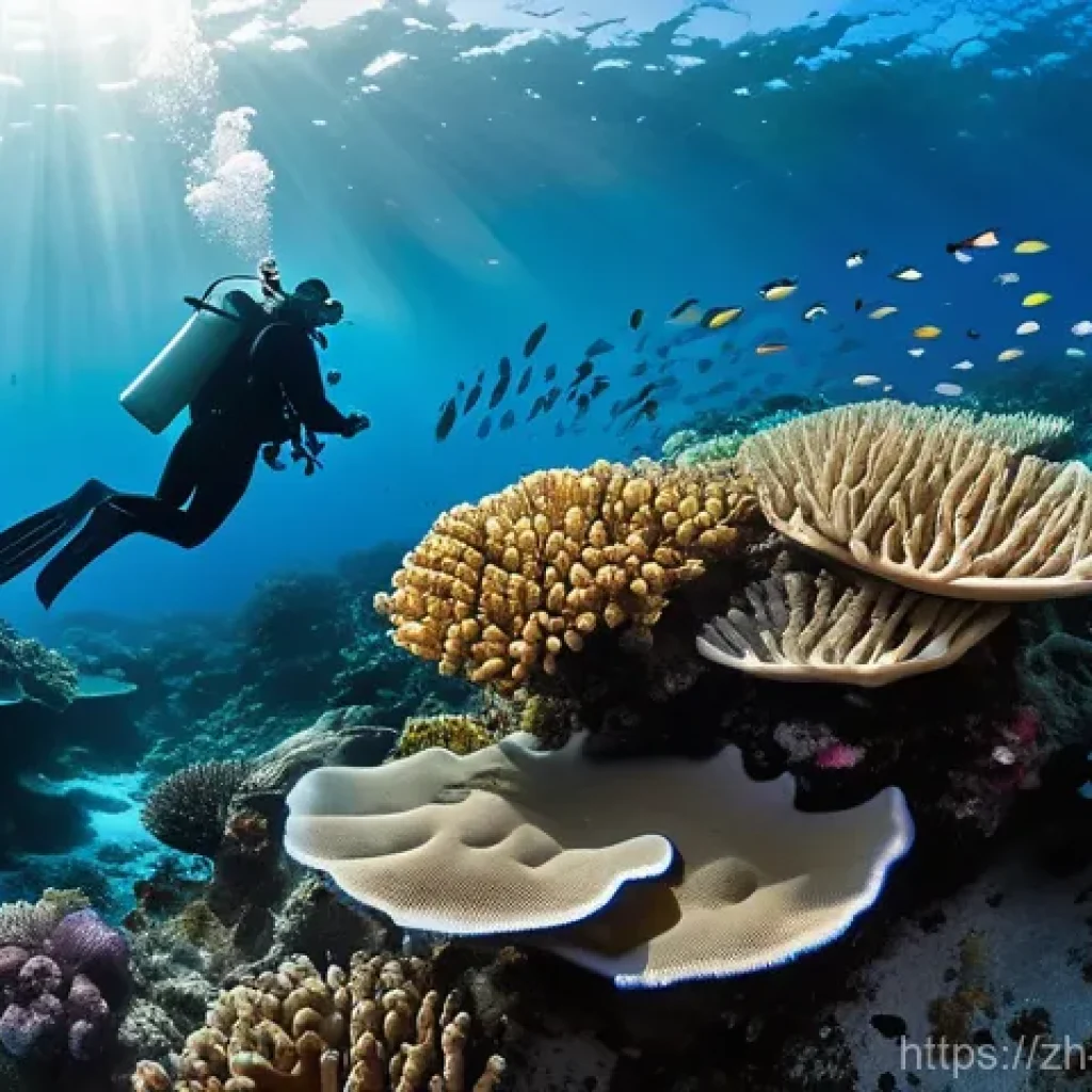 팔라우 기후 변화 영향 - An intricate underwater scene in the clear, azure waters of Palau. The foreground features a vibrant...