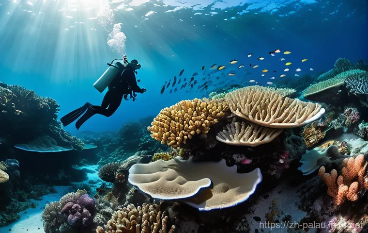 팔라우 기후 변화 영향 - An intricate underwater scene in the clear, azure waters of Palau. The foreground features a vibrant...