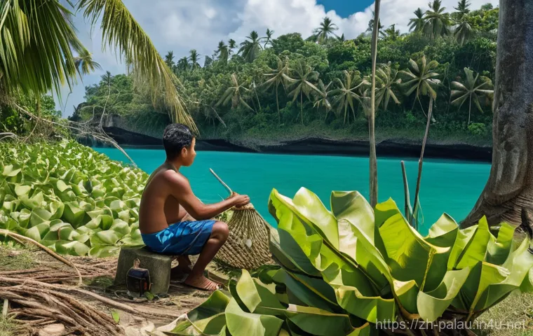 팔라우 기후 변화 영향 - A serene yet subtly melancholic view of a traditional Palauan stilt house situated on a low-lying co...