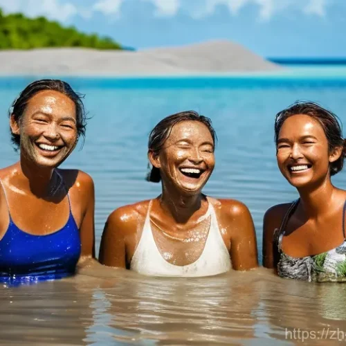 팔라우 밀키웨이 머드팩 체험 - A group of friends, 2-3 women, are joyfully participating in a natural volcanic mud bath experience ...