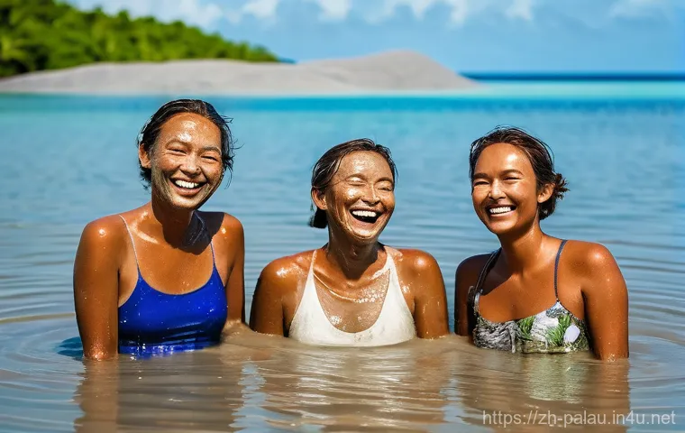 팔라우 밀키웨이 머드팩 체험 - A group of friends, 2-3 women, are joyfully participating in a natural volcanic mud bath experience ...