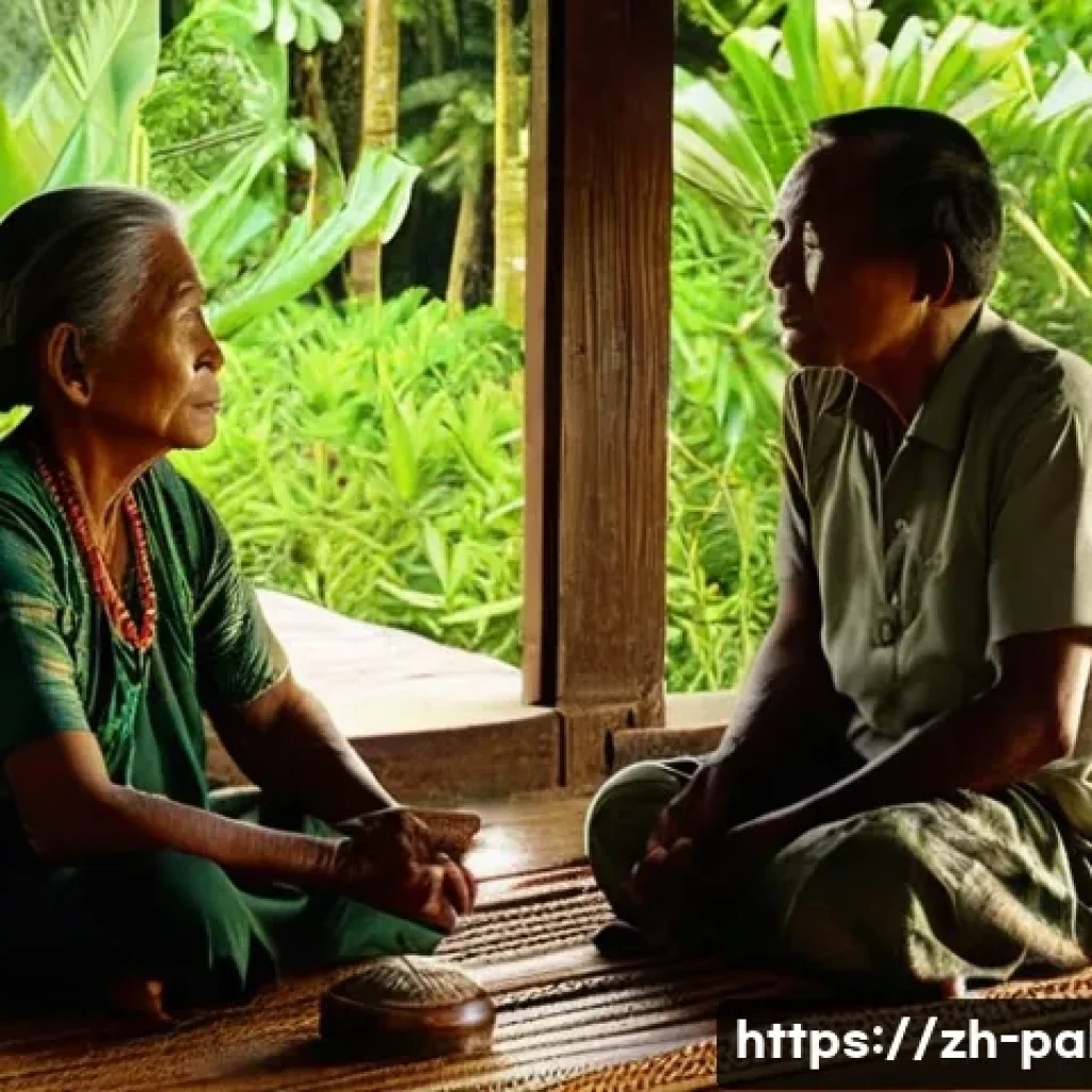 팔라우 언어와 공용어 - **Prompt:** A serene scene inside a traditional Palauan wooden house, overlooking the calm, clear tu...