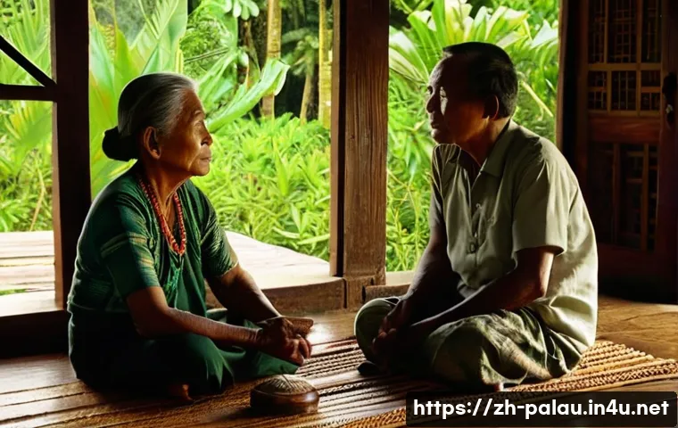팔라우 언어와 공용어 - **Prompt:** A serene scene inside a traditional Palauan wooden house, overlooking the calm, clear tu...