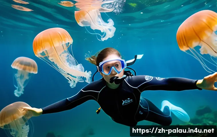 팔라우에서 자주 발생하는 사건 사고 - **Prompt 1: Serene Encounter in Palau's Jellyfish Lake**
    "A tranquil, pristine underwater scene ...